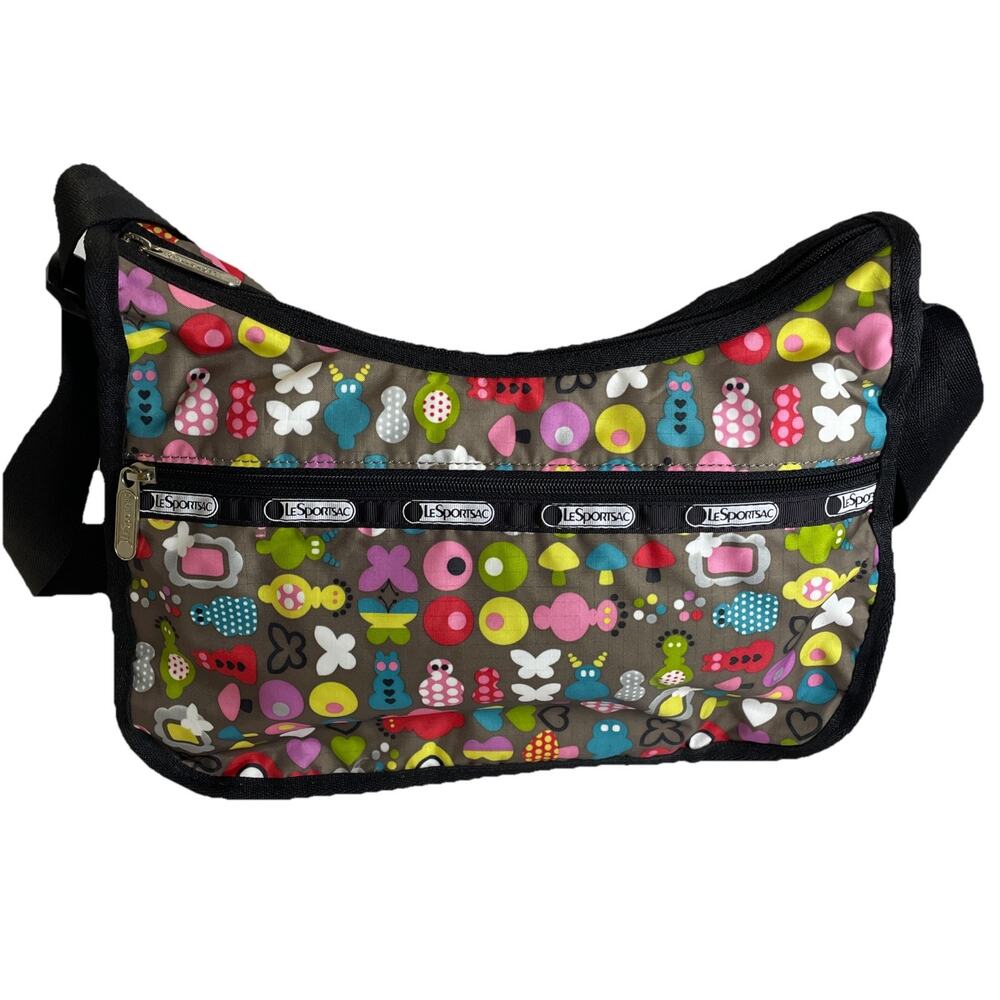 Lesportsac Crossbody Bag “Toot” Print Butterflies Mushrooms/Taupe - Picture 2 of 13
